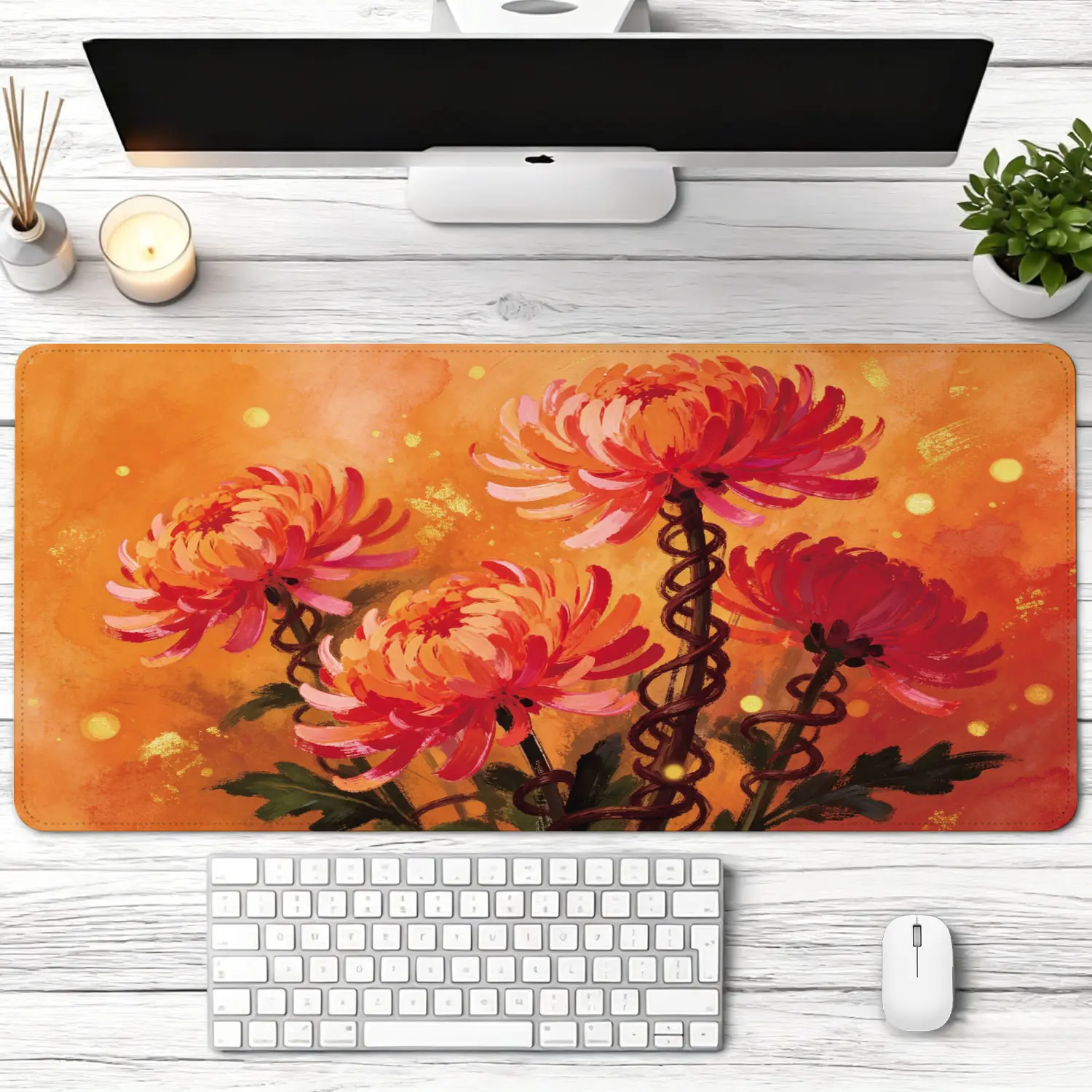 Extra Large vibrant orange chrysanthemum flower art Mouse Pad,Non Slip Rubber Pad,Desktop Decoration Drotection Pad,Washable,Lock Edge Multi Size,Premium Multipurpose Mousepad For Home,Office,Gift for Family and Friends