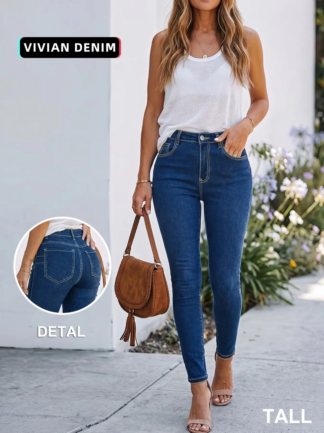 Vintage Deep Blue Stretch Skinny Jeans, American Minimalist Commuter Style, Visible Stitching Back Pockets, Tall Women's Daily Wear, Light Business