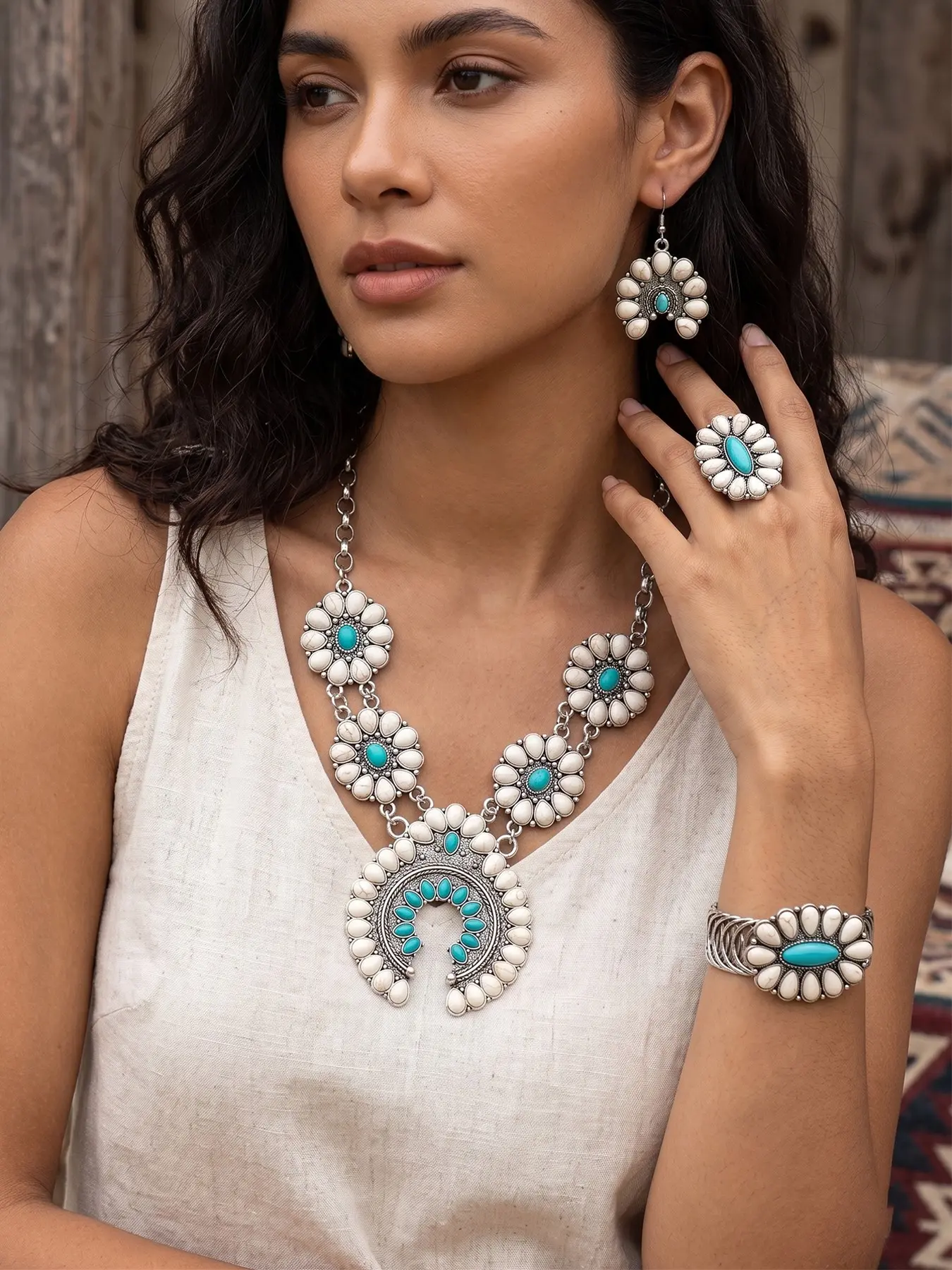Western Turquoise Squash Blossom Fashion Jewelry Set - Jewellery Gift Set 5Pcs Vintage Silver Naja Pendant, Earrings, Cuff Bracelet & Ring - Southwestern Native American Inspired Jewelry for Cowgirl Gifts