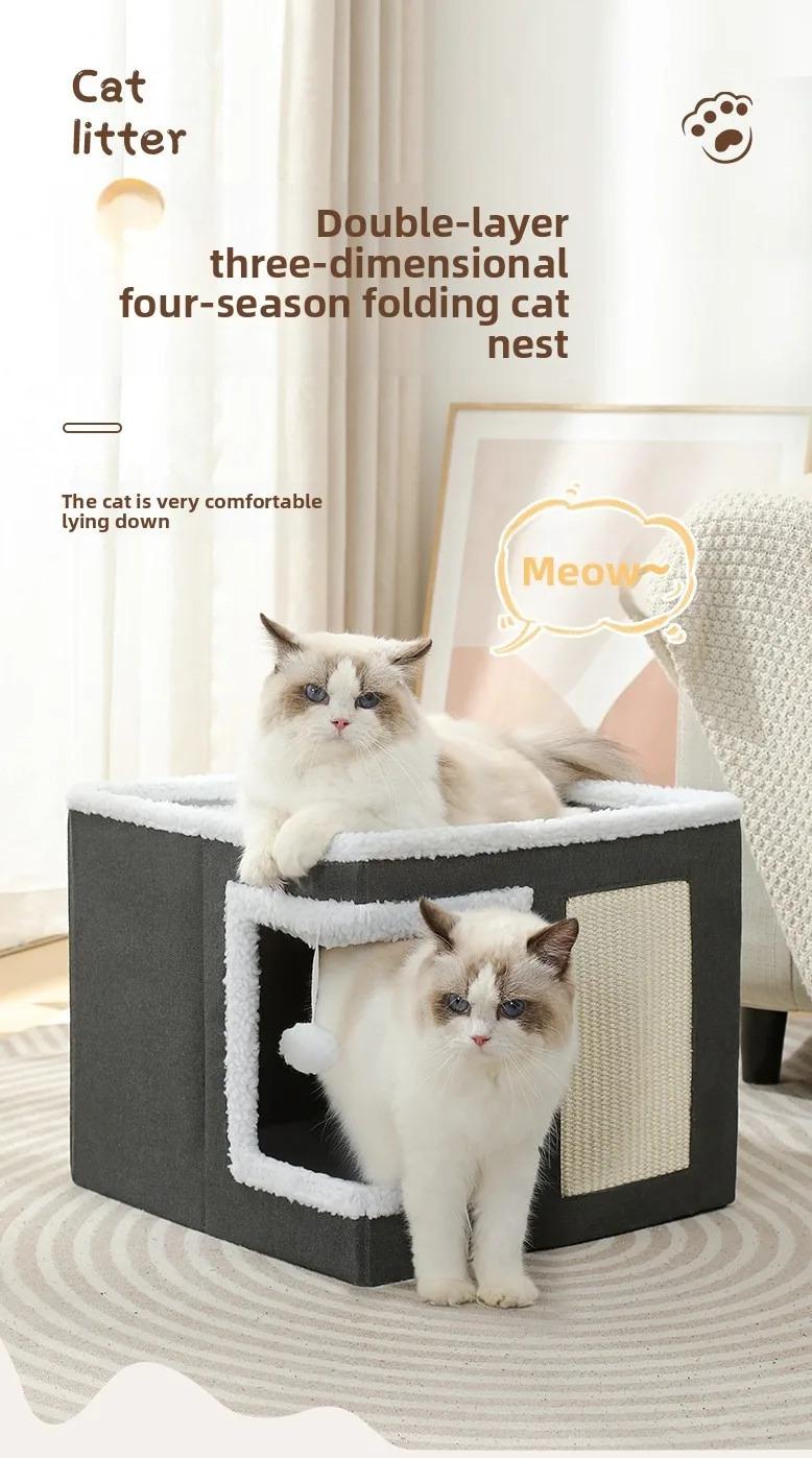 Cat Bed House Scratch Pad Foldable Square Design Solid Pattern Fashion Style Cat Cave Hideaway Cube Removable Washable Cushions for Indoor Cats Comfortable Cozy Pet Sleeping Nest with Scratching Function