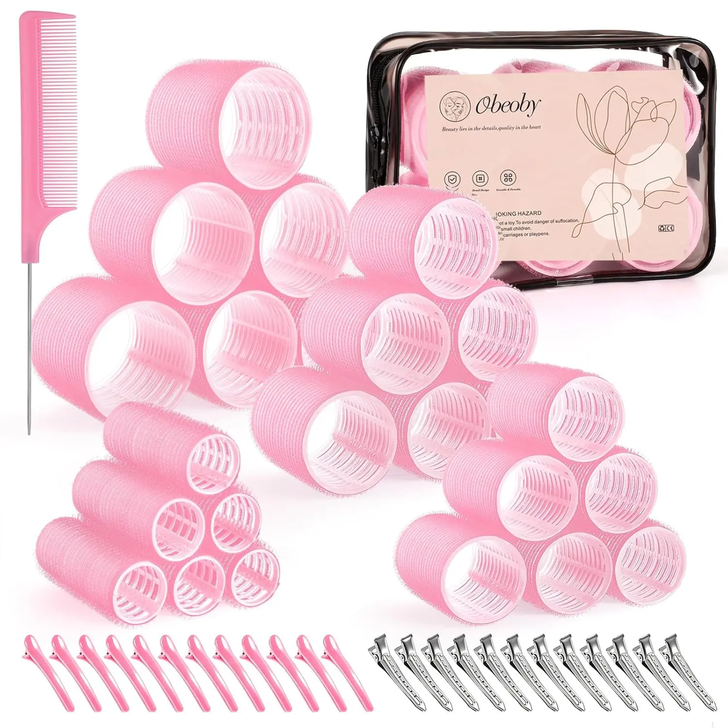 Heatless Self-Grip Hair Rollers Set (4 Sizes:25mm,36mm,48mm,60mm) - 50 Pcs with Self-Grip Clips, Plastic Styling Tools for Indoor Recreation, Home & Travel Gifts (Jumbo to Small for Long/Short Hair,Bangs)