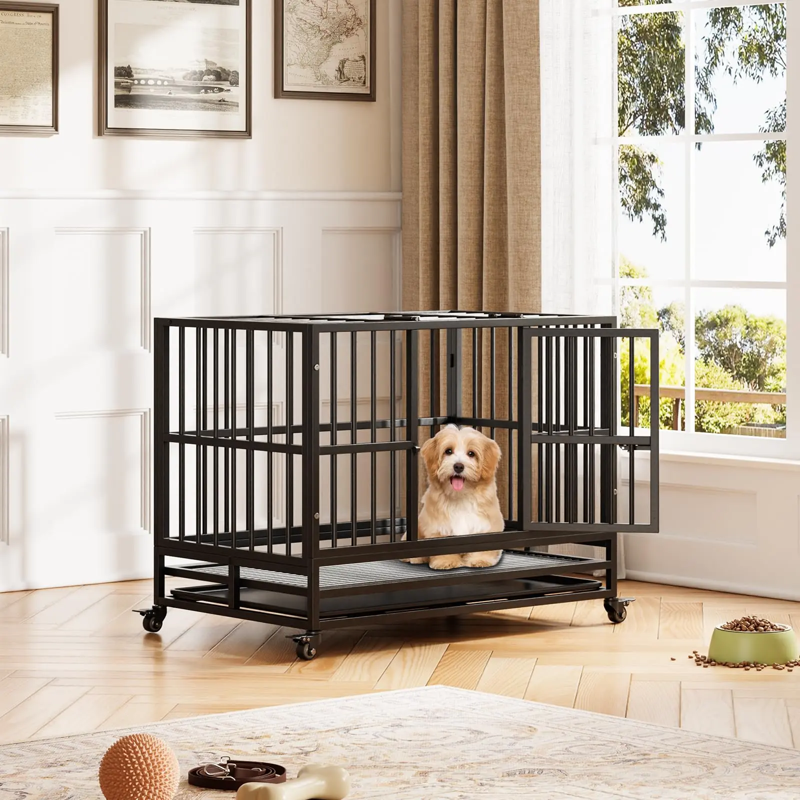 Garvee Heavy Duty Foldable Dog Crates Available in 37 and 42.5 Inch Sizes with Double Doors, 360° Lockable Wheels, Removable Tray, Easy Cleaning and Assembly for Small to Medium Dogs