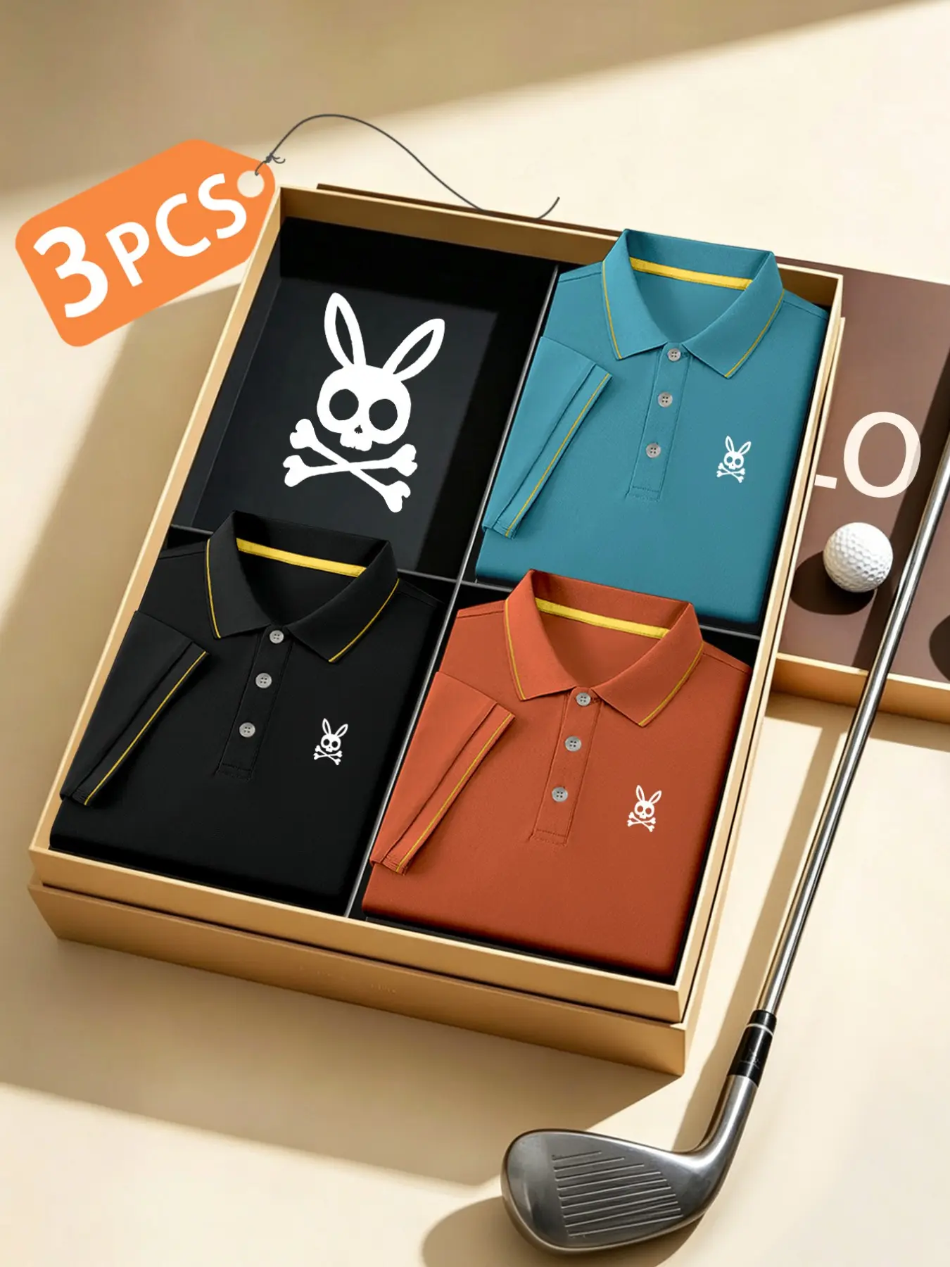 Men's Luxury Top Golf Polo Shirts, 3-Pack, Skull Rabbit Print, Collared, Stretchy, Breathable, All-Season, Comfortable, Durable