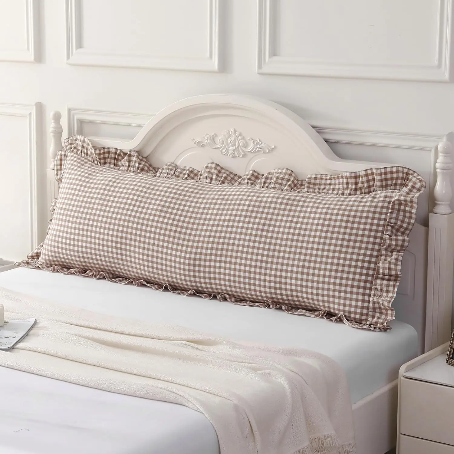 Taupe White Plaid Gingham Ruffled Body Pillow Cover 20x54 Inch - 100% Washed Cotton Farmhouse Checkered Long Pillowcase for Living Room