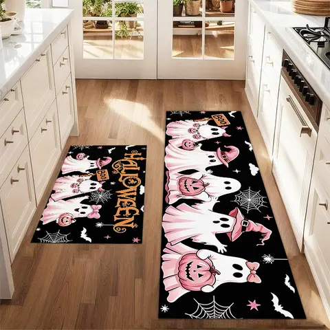 2Pcs Halloween Pink Ghost Floor Mat Set Suitable For Farmhouse Kitchen Dining Room Laundry Room And Decorative Carpet Mat Kitchen Rug Sets