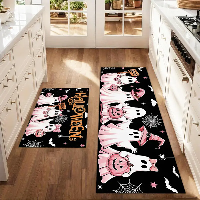 2Pcs Halloween Pink Ghost Floor Mat Set Suitable For Farmhouse Kitchen Dining Room Laundry Room And Decorative Carpet Mat Kitchen Rug Sets