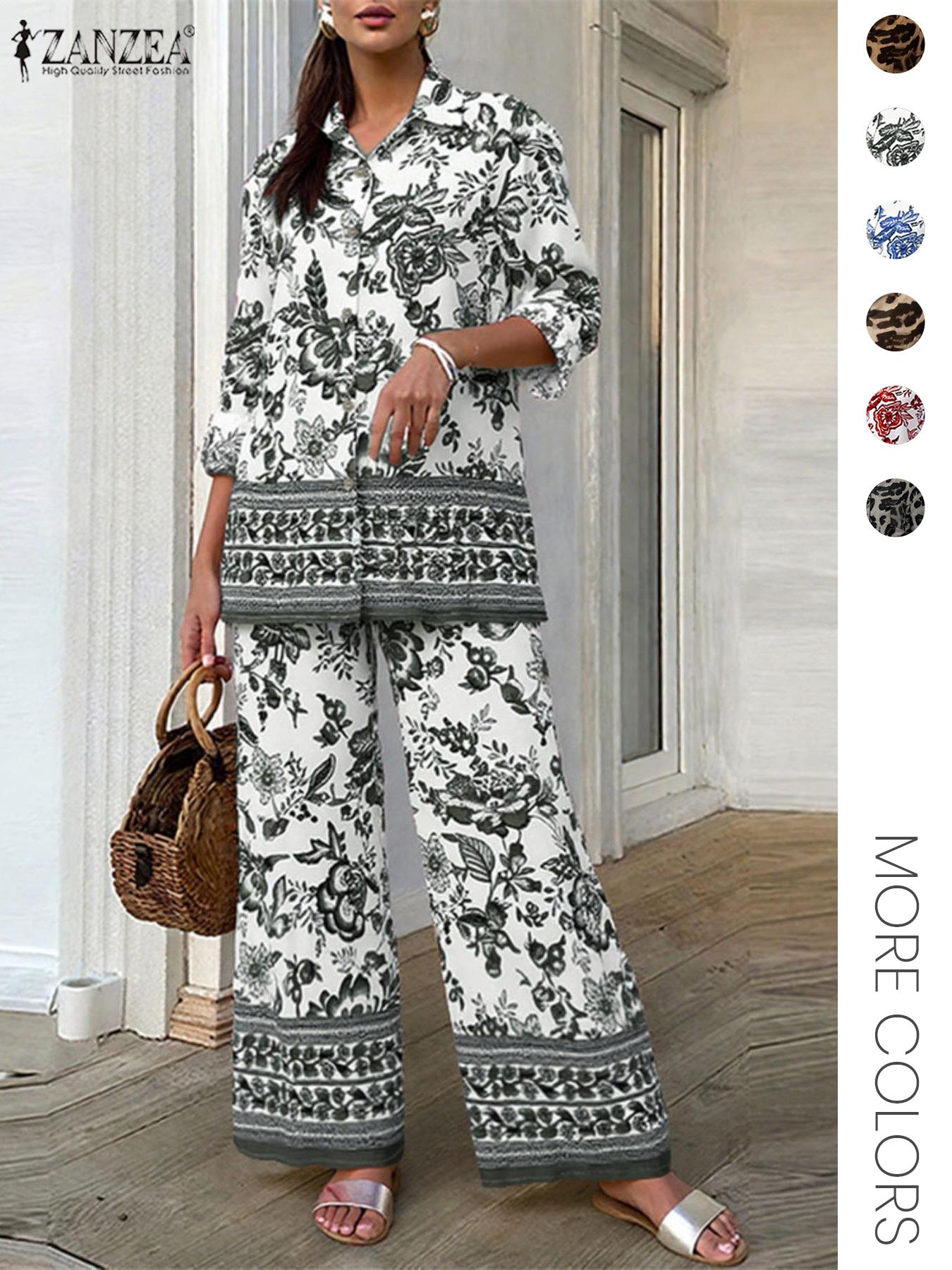 Two-piece Set Women's Leopard Print Pattern Button Front Shirt & Elastic Waist Loose Fit Wide Leg Pants, Casual Everyday Long Sleeve Pocket Collared Top & Tie Front Trousers for Daily Wear, Ladies Fall & Winter Clothes, Pocketed Top, Womenswear
