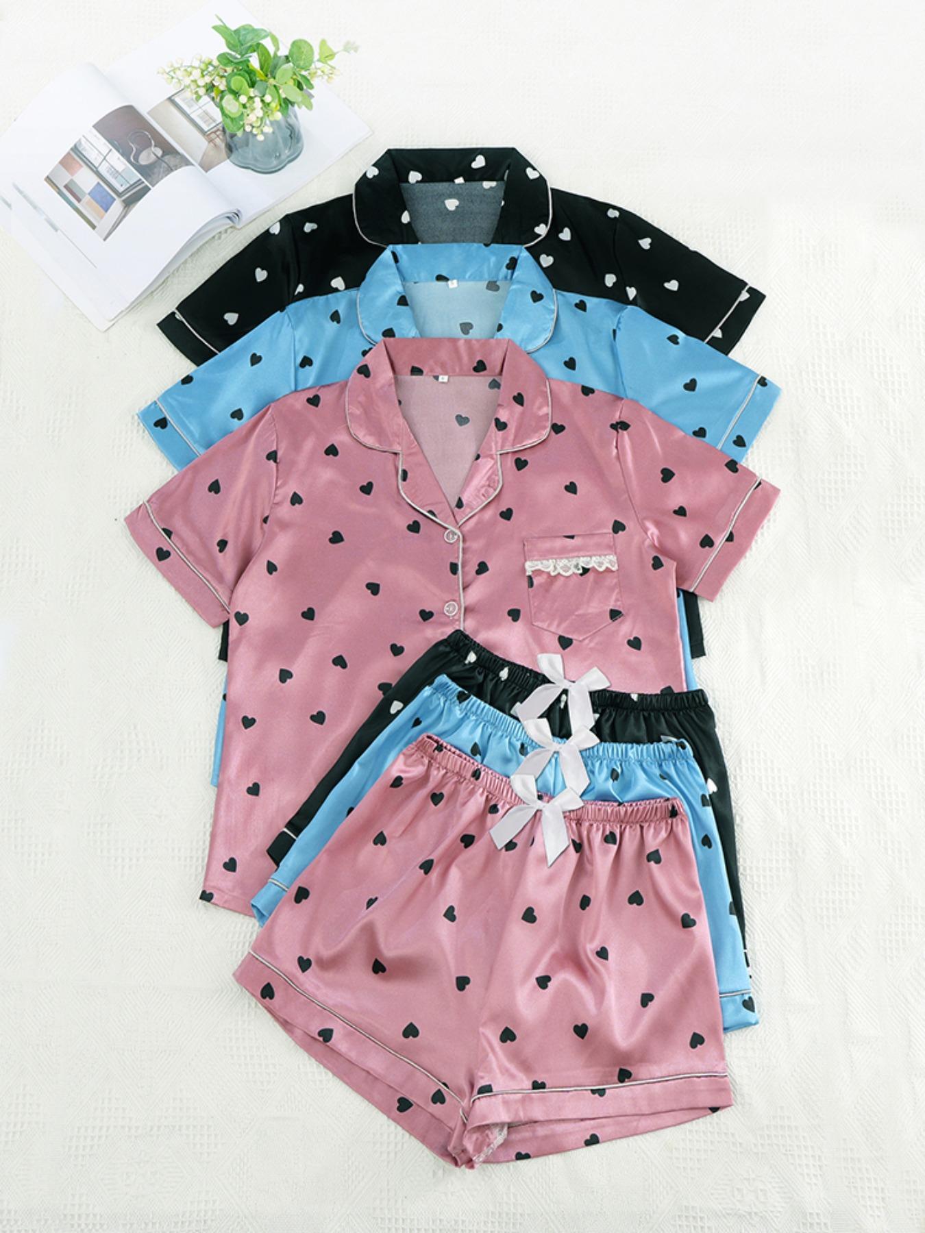 Fashion Six-Piece Women's Satin Pajama Set, Comfortable Lightweight Summer Sleepwear & Loungewear, Button Top and Bow Front Shorts, Casual Fitted Style, Leopard, Pjs
