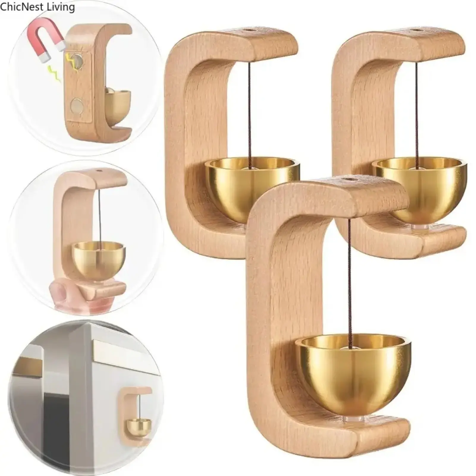 1/2/3-Pack Magnetic Hanging Door Bell – Vintage Solid Wood Wind Chime Doorbell, Magnetic Entry Door Ornament, Decorative Home Wall Accent for Entryway, Porch, Garden & Indoor Decor
