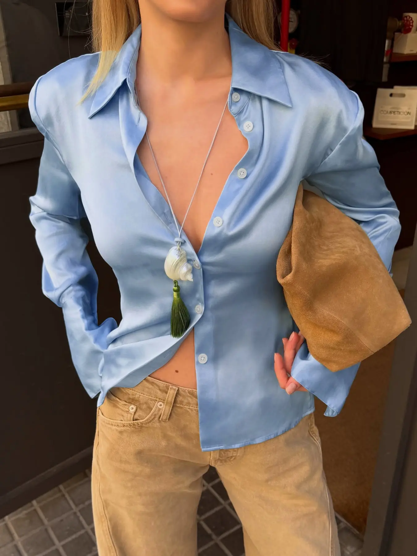 Light Blue Satin Shirt, Elegant Relaxed Fit Notch Lapel Single Button Slim Long Sleeve Top, Urban Women's Commute Date Daily Wear