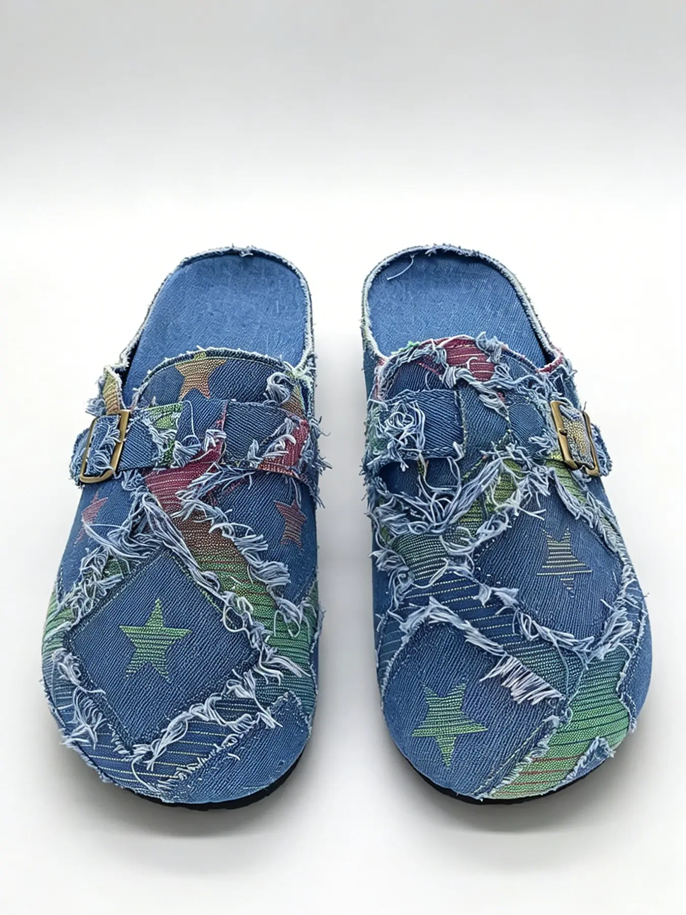 Men Vintage Frayed Patchwork Denim Mule Slides Shoes Mules All Over Star Print Adjustable Buckle Flat Outdoor Daily Shoes Footwear