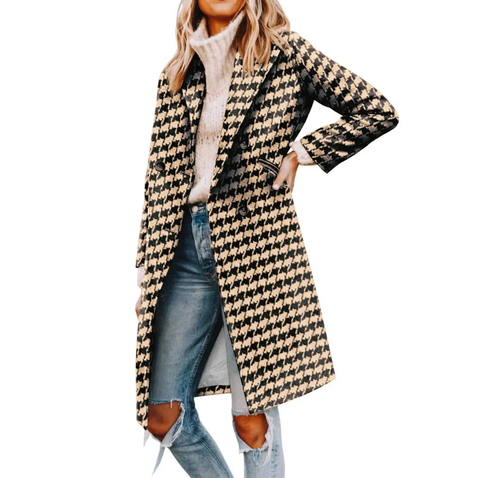 Yousify Womens Notched Lapel Collar Double Breasted Pea Coat Winter Wool Blend Over Coats Long Jackets