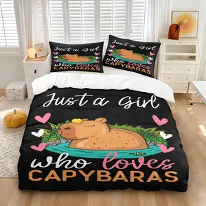 3 Pieces Just A Girl Loves Capybara Bedding Set, HD All Season Printing, 1 Duvet Cover + 1/2 Pillowcases Without Filler, Black Background Cartoon Rodent Print Decor Bedding for Home Dorm
