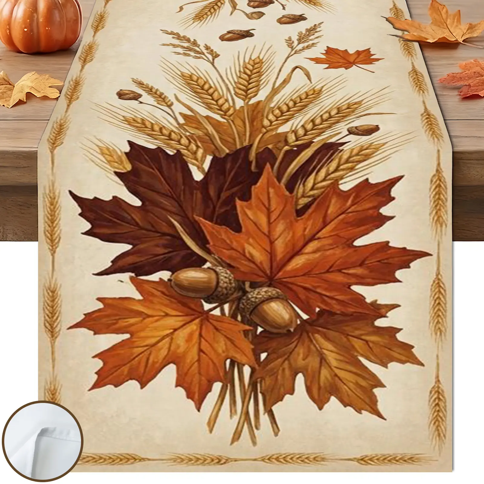 1pc Wheat Maple Table Runner, Minimalist Vintage Style, Beige Large Maple Wheat Acorn Wheat Border Pattern, for Fall Thanksgiving Decor.