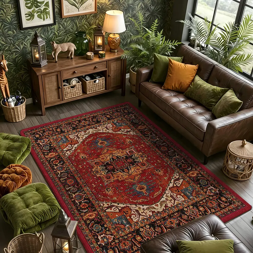 Vintage Red Distressed Persian Medallion Flannel Living Room Rug Bohemian Style Rugs #AntiquePersianMedallionRug #BohoMulticolorOrientalMat #FlannelCarpet #RusticEthnicHomeDecor