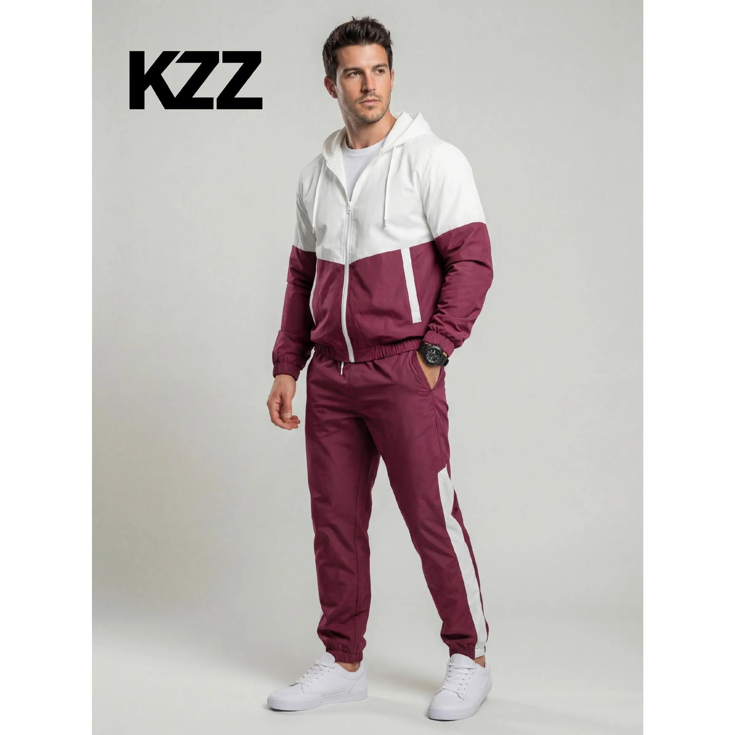 Men's Colorblock Tracksuit, 2-Piece French Terry Workout Set, Sports Outerwear with Adjustable Zip-Up Hoodie and Joggers, Sweatsuit Set, Streetwear Tracksuit Set