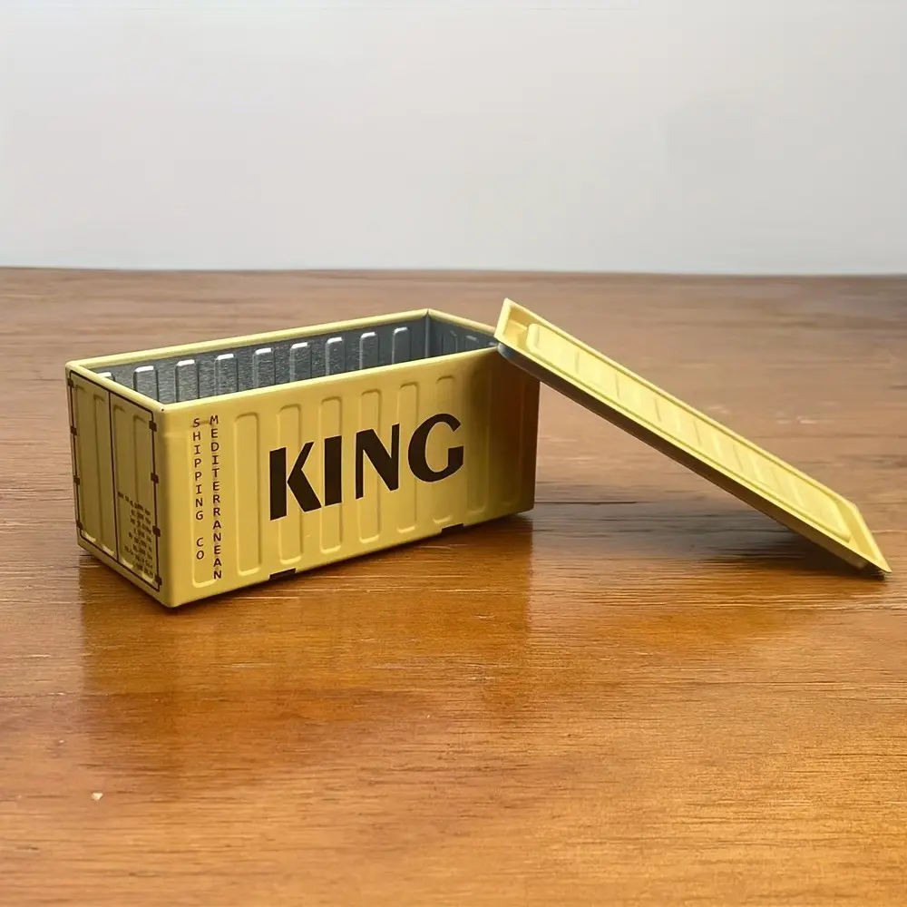 Mini Container-Shaped Metal Storage Tin With Removable Lid, Yellow Printed Cargo Box Design, Retro Decorative Box For Storing Small Stationery, Desk Accessories And Tiny Collectibles, Dustproof Storage Bins
