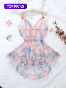 【plus size】ditsy floral print cut out frill sheer high low ruffle hem sexy cami mesh sleeveless dress, romantic fashion casual sexy outfits for daily outdoor wear, women's plus size clothes for all seasons, lightweight womenswear, clothes for women