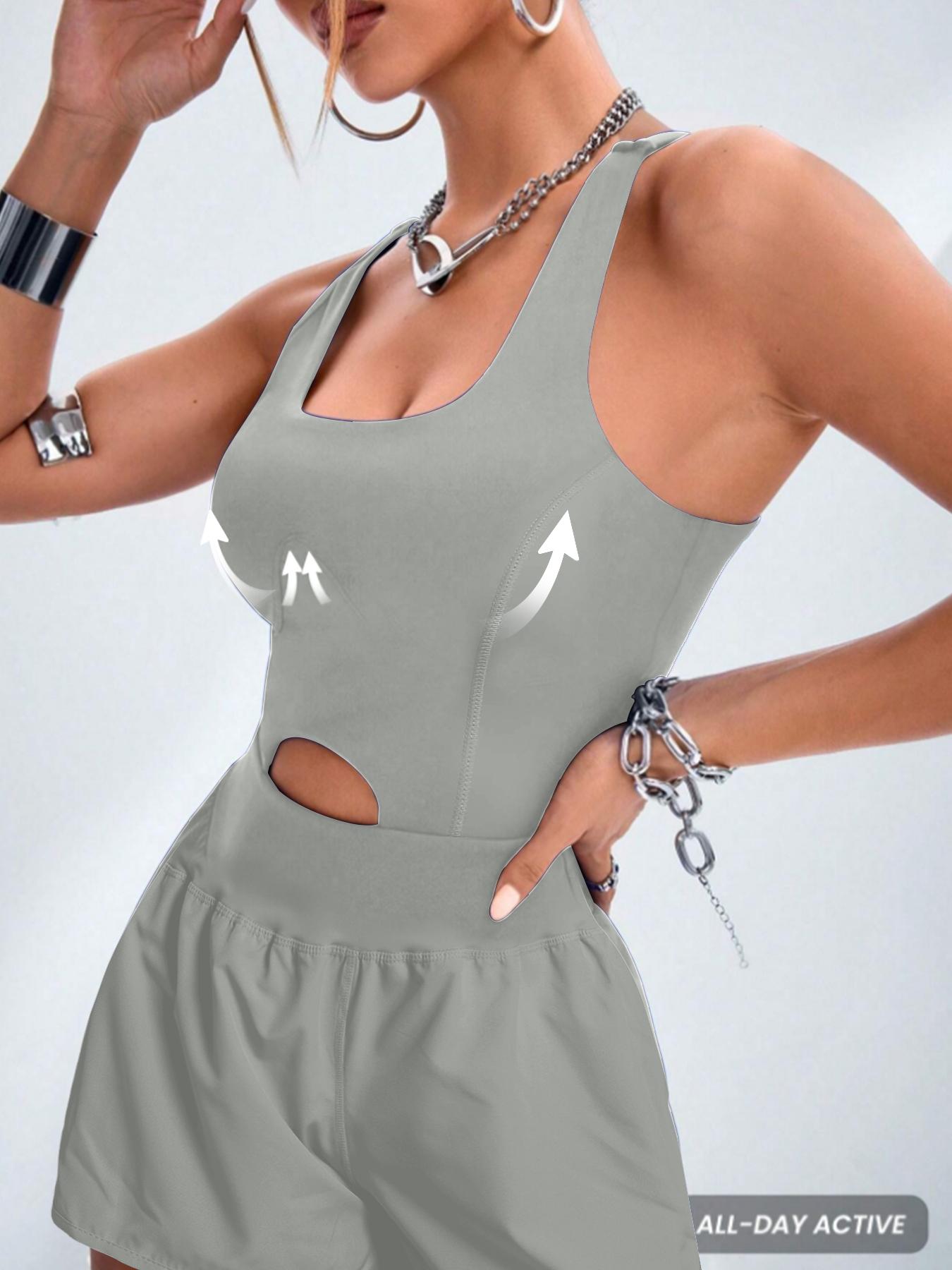 Women's Solid-Color Racerback Sports Romper, Athletic Workout Romper with Removable Chest Pads, High Waisted Romper, Casual Comfy Breathable Sleeveless Jumpsuit for Yoga, Gym and Workouts, Stretch Sportswear for All Seasons