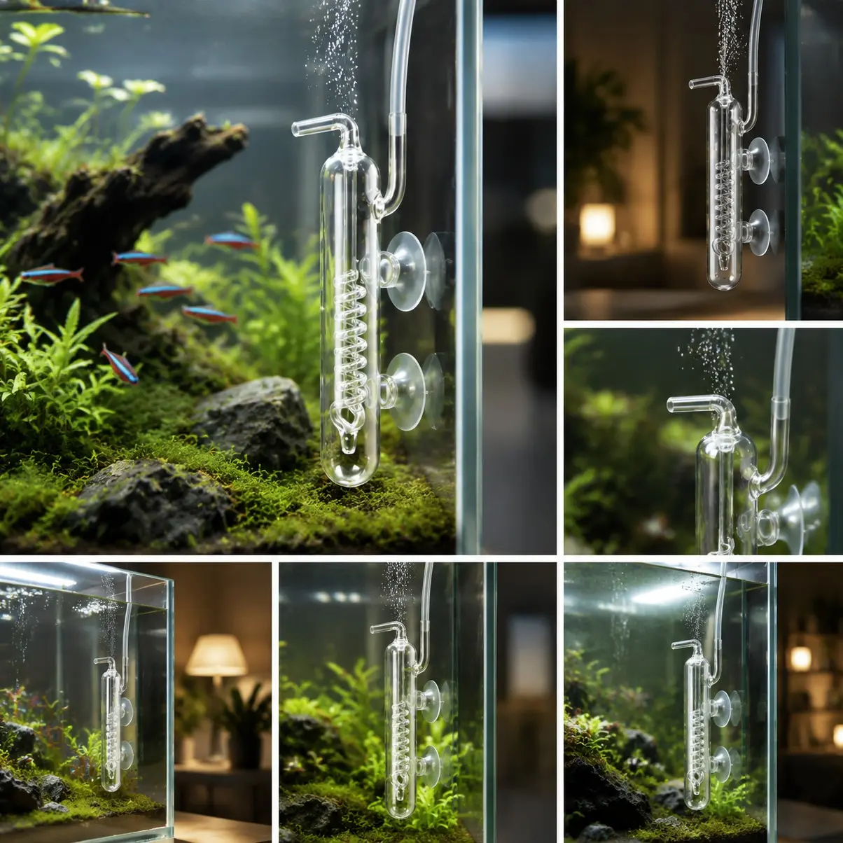 Aquarium Glass Spiral Co2 Diffuser, High Borosilicate Glass, Bubble Counter, Fish Tank Decorative Accessory with Suction Cup