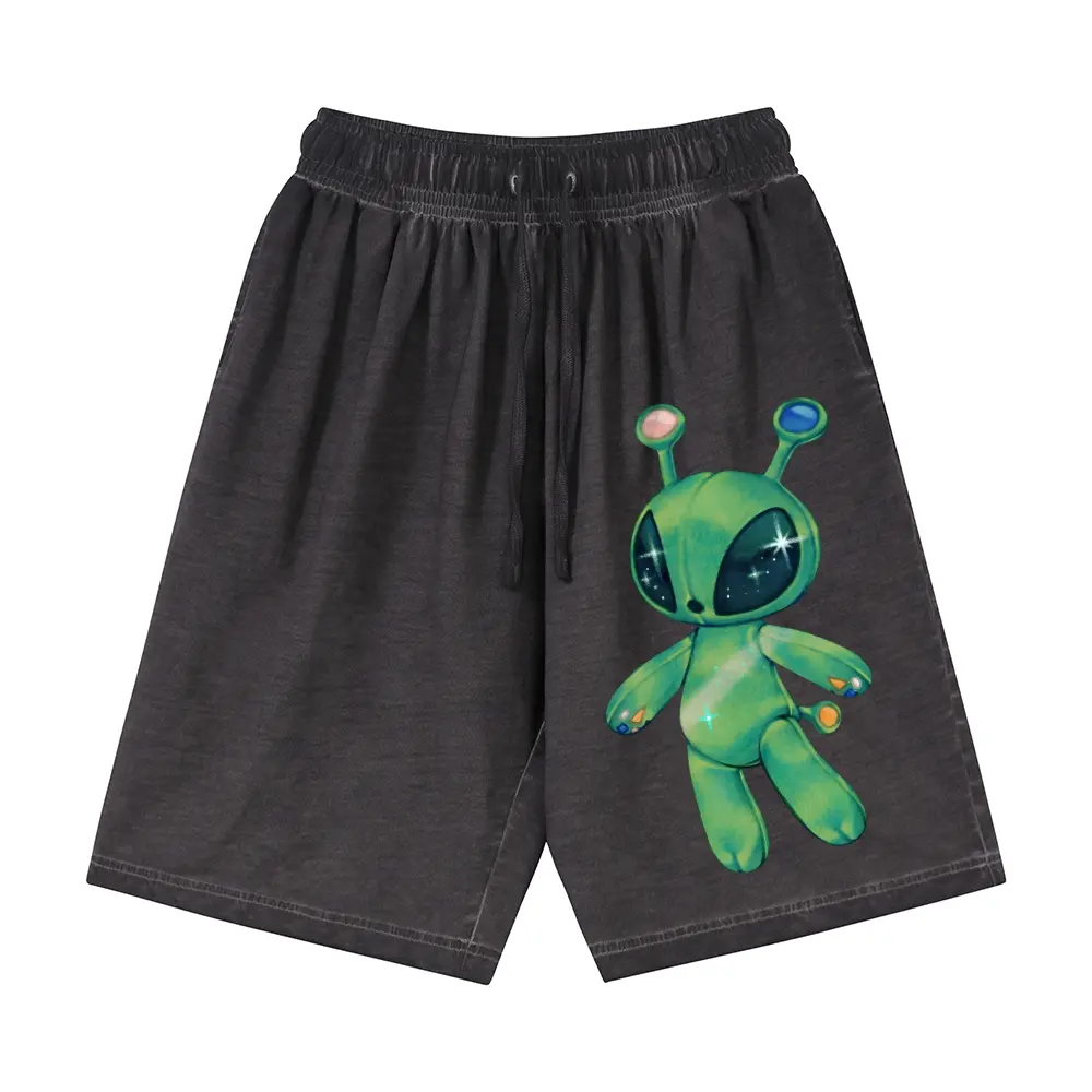 Unisex Cute Alien Doll Green Alien with Sparkle Eyes Y2K Space Aesthetic Style Graphic Gradient Washed Shorts Personalized Pattern Y2k Clothing Gradient Washed Shorts,Women's Clothing, Menswear, Vintage Style,Summer Casual Oversized