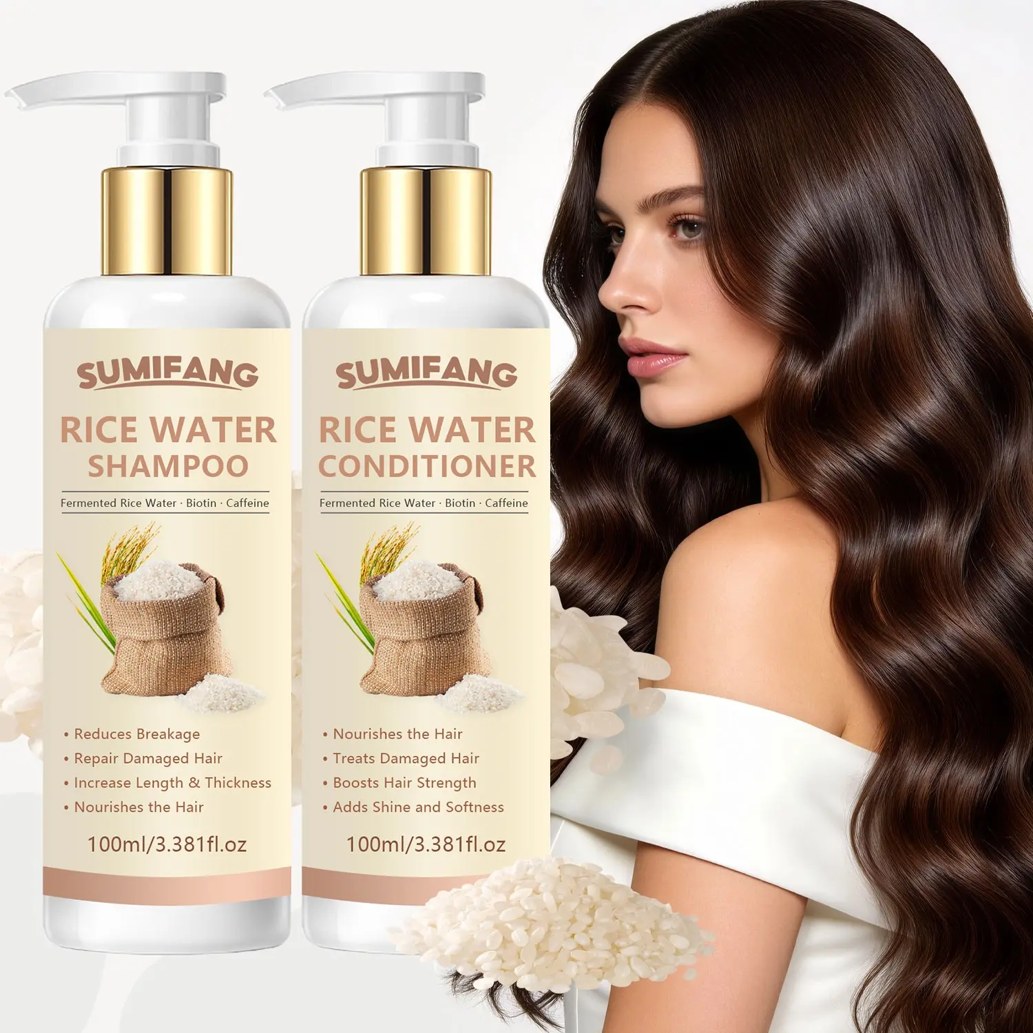 2 Bottles 100ML Rice Shampoo and Conditioner Set, Fermented Rice Water, Biotin, Caffeine, Rice Protein, Deep Nourishment, All Hair Types