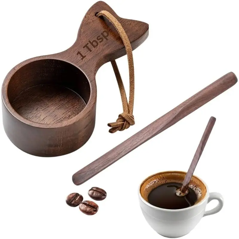 Wooden Coffee Scoop and Stirrer Set | 1 Tbsp Walnut Wooden Scoop for Ground Coffee & Coffee Beans, Reusable Coffee Stirrer Stick | Wooden Fishtail Design with Leather Loop