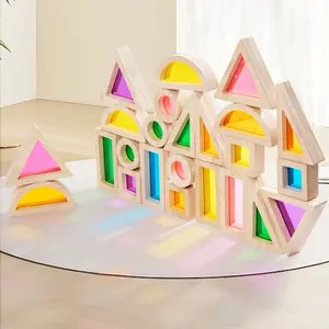 Wooden Rainbow Blocks Toy, Acrylic Transparent Montessori Stacking Toy, 24 Geometric Shapes, Educational Toy for Boys Girls, Christmas Gift
