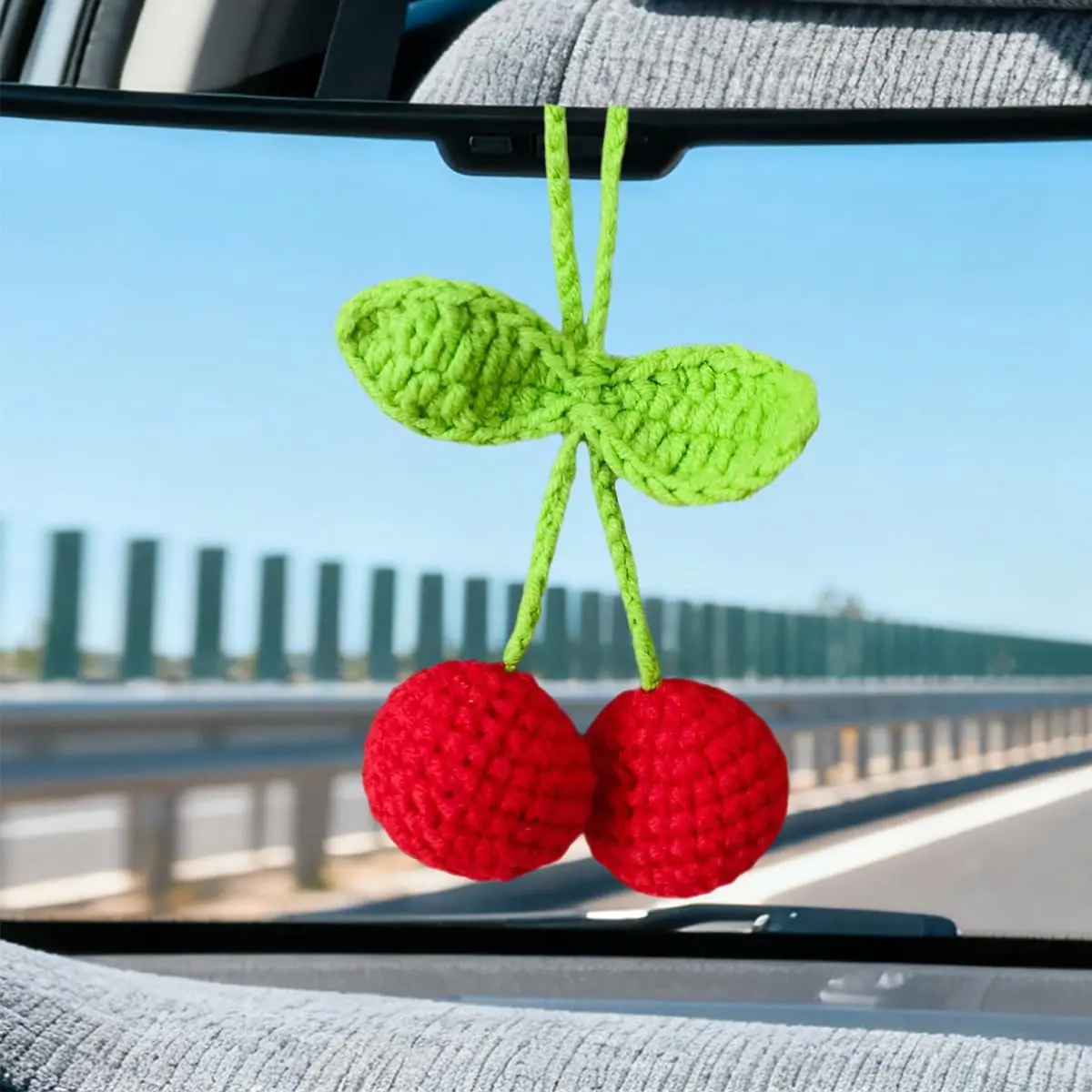 Crochet Cherry  Accessories Interior Cute Cherry Rear View Mirror  Ornament Yarn Knitted  Mirror Decor Hanger Bag Charms   for Women Men