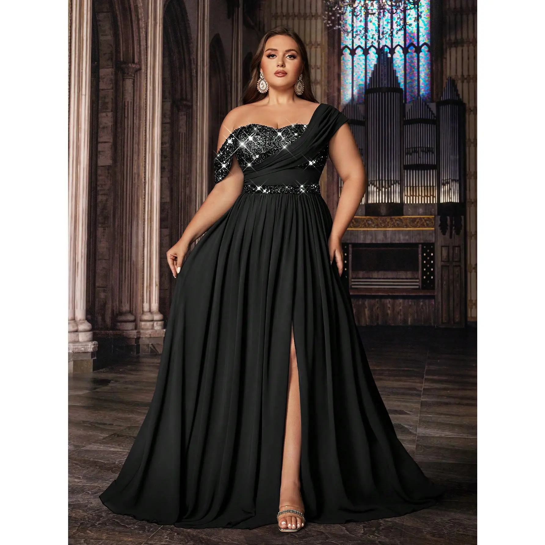 Plus Size One Shoulder Twisted Sequin Waistband Chiffon Maxi Gown, Side High Slit Swing A-Line Formal Dress For Birthday & Wedding Events