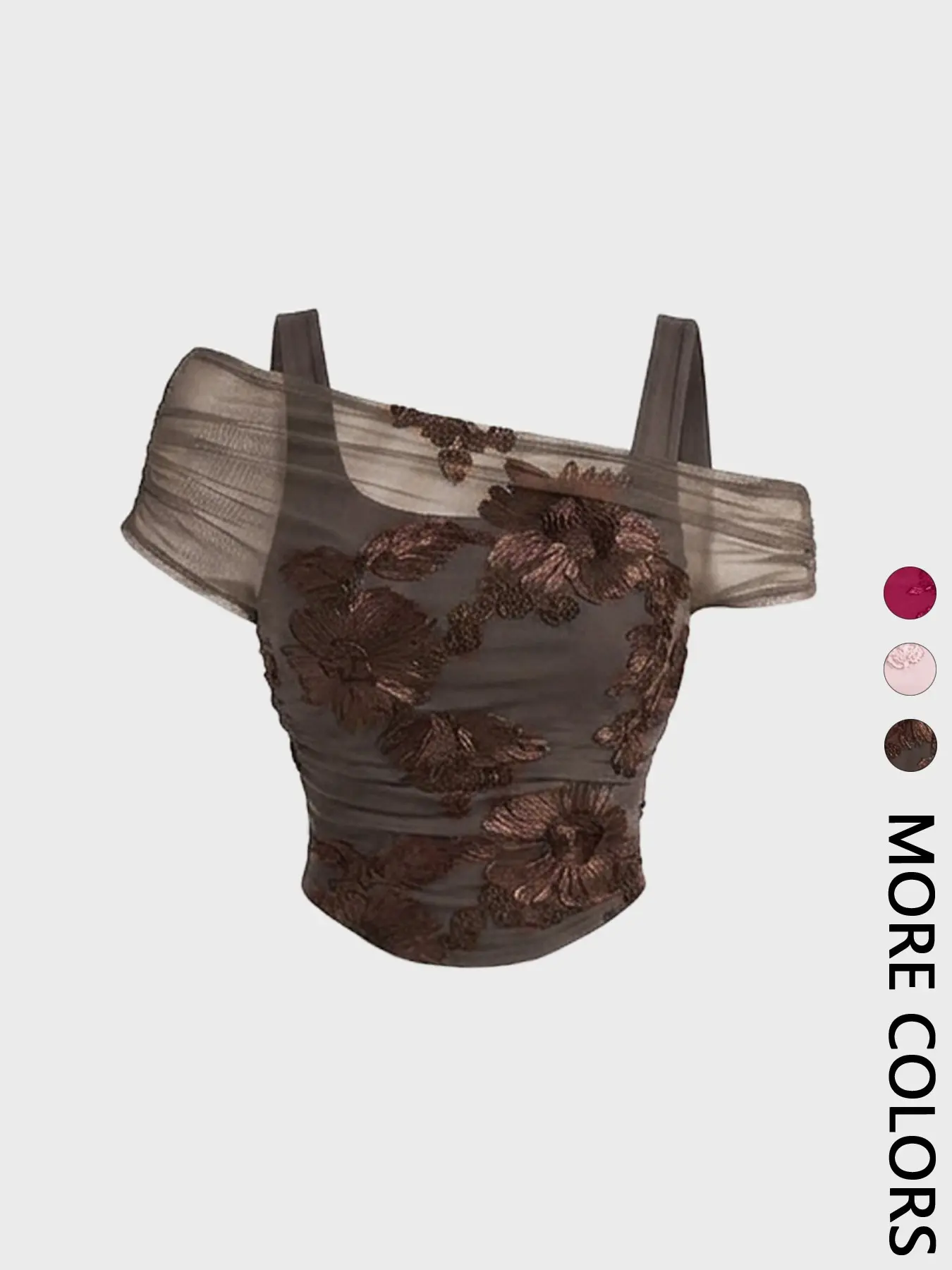 1 Piece Cold Shoulder Mesh Top with Floral Embroidery, Women's Ruched Bodycon Short Sleeve Party Blouse Boho Floral Blouse
