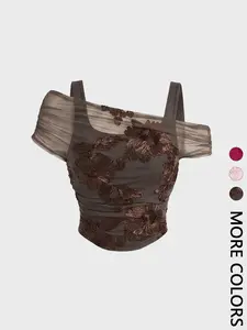 1 Piece Off Shoulder Mesh Top with Floral Embroidery Women's Ruched Bodycon Short Sleeve Party Blouse