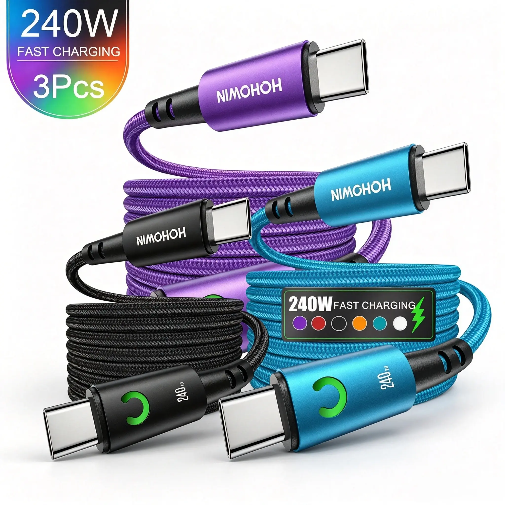 3Pcs 240w USB-C to USB-C Data Cable, Fast Charging, Compatible with iPhone 17 Pro Max, Galaxy S26, Pixel 10, Macbook Pro, iPad Pro