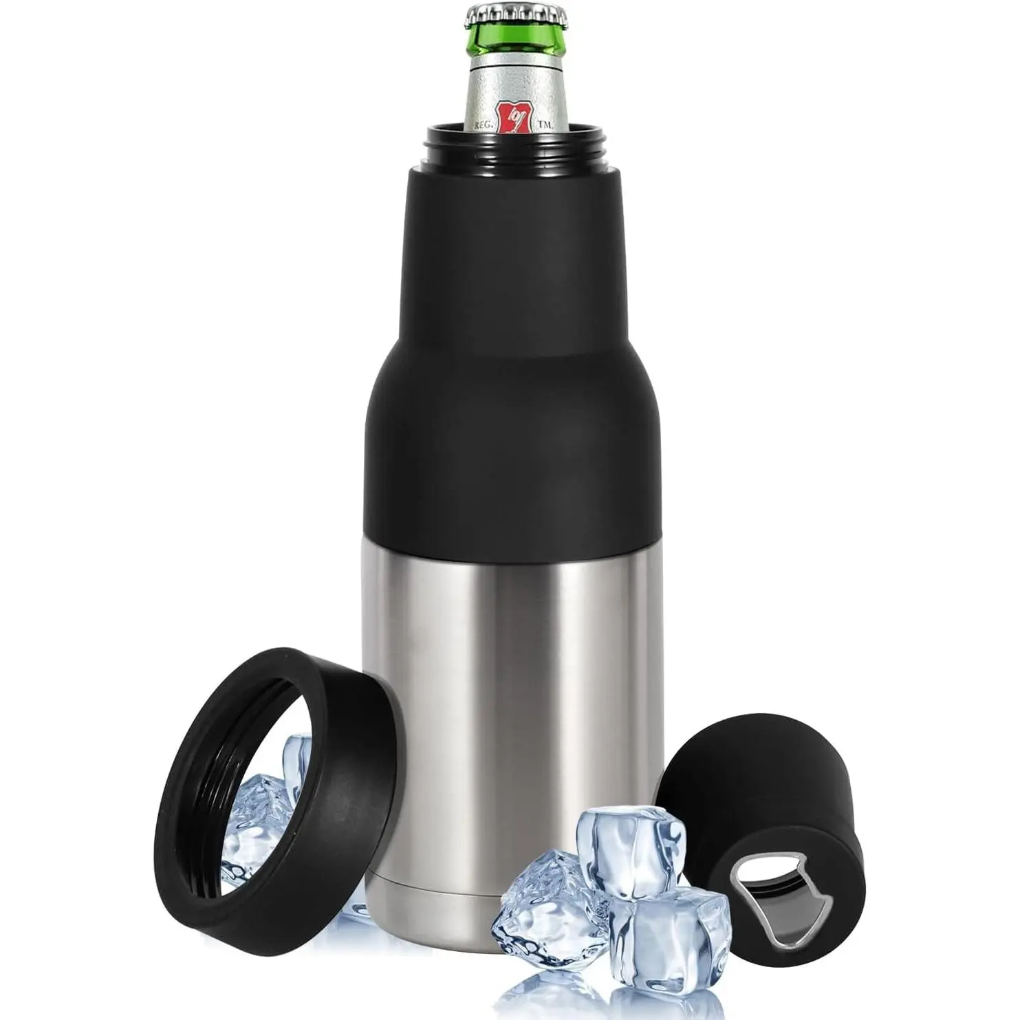 12oz Universal Beer Bottle Holder Double Walled SS Beer Can Cooler | 3 in 1 Can Koozie with Beer Opener Vacuum Insulated - fit Fishing, Camping Outdoor Activities and Nice Gift for Men(Silver)