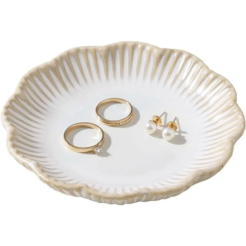 Ceramic  Dish Tray, Cute Floral Ring Holder, Small Trinket Bowl for Rings Earrings, Organizer for  Dresser Decor Wedding Birthday  for Women Girls (White)