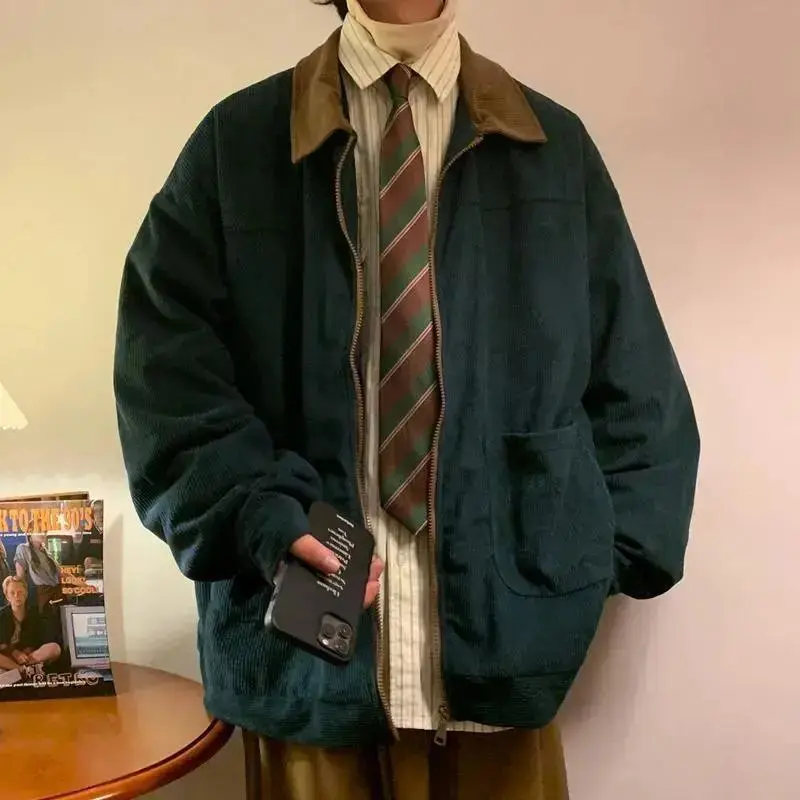 Retro Jacket 2024 Autumn Men Corduroy Bomber Jacket Loose Oversized Patchwork Casual Jacket Male Clothing Loose Hip Hop Tops 5xl Menswear Coats Gamis Long Sleeve Beige Dark Green Chinese Fashion(Sheets)
