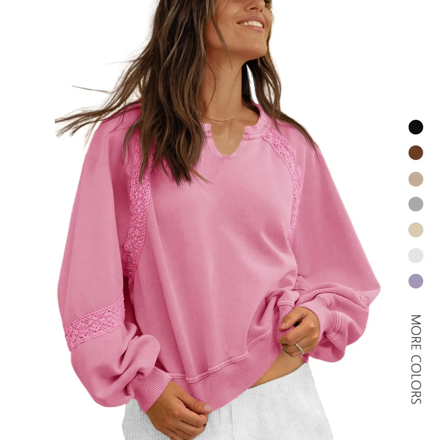 Women's V-Neck Cropped Knitwear Sweatshirt - Style-Focused Longsleeves Pullover, Casual Loose-Fit Ribbed Knit Top with Lace Trim, Puffed Lantern Sleeves, Soft Breathable Lightweight Fabric, All-Seasons Elegance