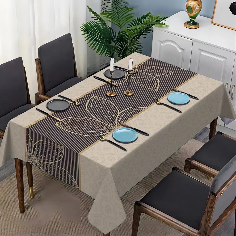 1pc of beige tablecloth with dark stripes and golden leaves, creating a cozy atmosphere for family dining. Tablecloth suitable for family, kitchen, dining room and parties.