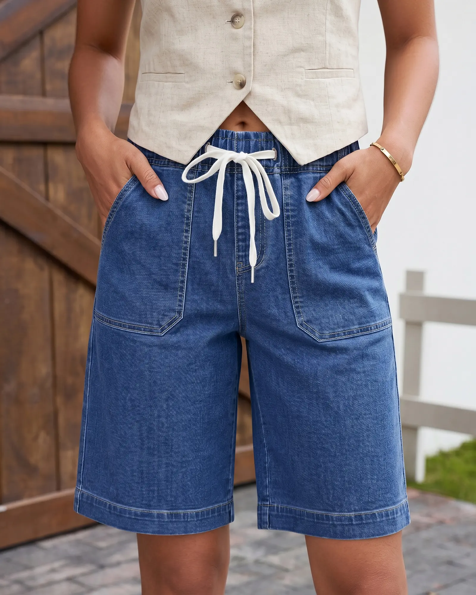 GRAPENT Women's Basic Stretchy Pull-On Bermuda Denim Jorts - High Elastic Waist, Drawstring, 10-in Inseam, Pockets, Longline, Stitch Hemline, Dressy Casual Summer Shorts, Bottoms, Casual Street, Denim Shorts, Bottom, Lady, Jean Shorts For Women