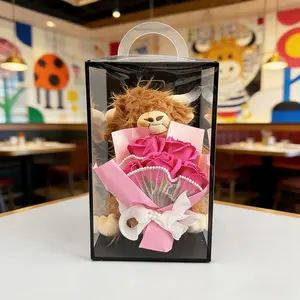 New Highland Cattle Rose Artificial Flower Bouquet Cute Brown Cattle with Eternal Flower Bouquet Gift for YourLove,Christmas,Halloween,Birthday Girlfriend gifts,Wedding Home Decor