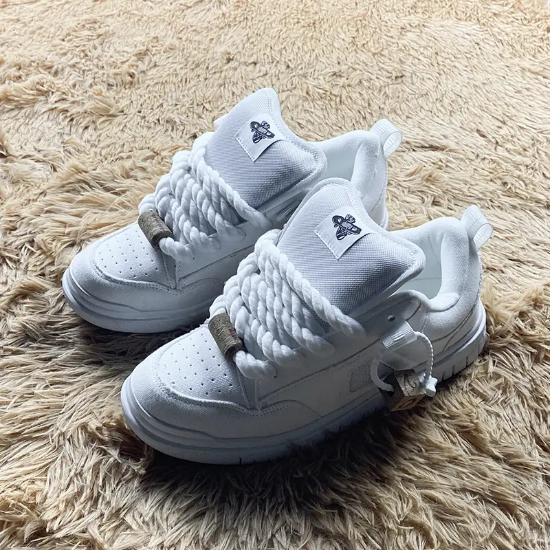 All White Chunky Platform Skate Sneakers with Thick White Twisted Rope Laces Unisex Minimalist Street Casual Board Shoes with Wooden Lock & Pendant for Men Women Teens