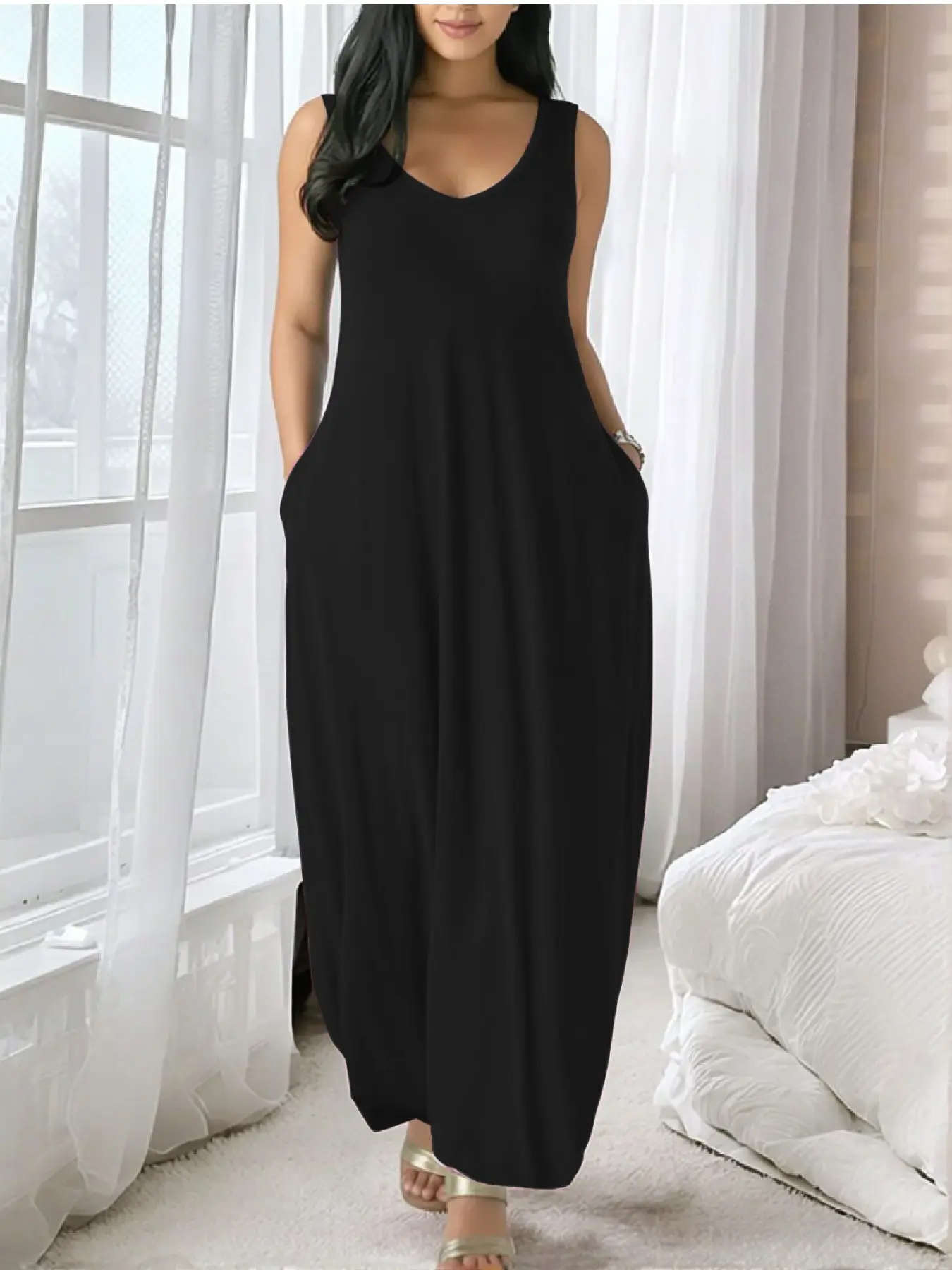 Summer Casual Sleeveless Backless Long Dress with Pockets, Loose Fit Comfortable Slimming Home Wear, Versatile Everyday Chic