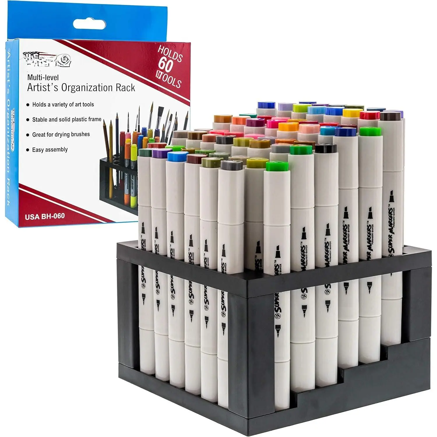 60 Slot Marker Organizer &  Brush Holder – Multi-Level Marker Storage, Pens, Brushes, Colored Pencils