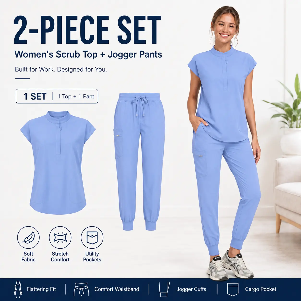 Women's 2-Piece Silky Soft Stretch Cap Sleeve Button Work Top & Drawstring Jogger Pants, All-Day Comfort Uniform Clothes, Fabric, Pocket, Workwear, Adjustable, Elegant, Basic, Preppy, Polyester, Cargo Pants, Scrubs Sets For Women, Mock Neck, Chinese New Y