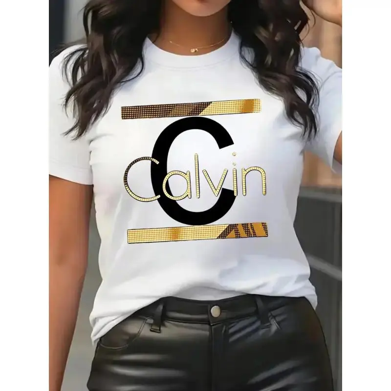Women's casual short-sleeve round-neck T-shirt, eye-catching Calvin pattern print, geometric letter design, olive green