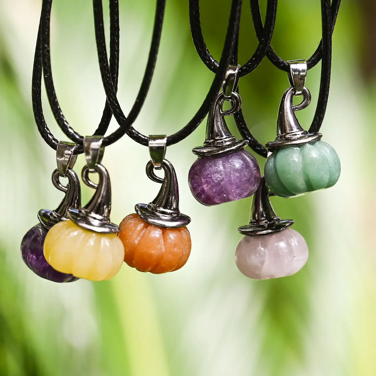 Pumpkin Wizard Hat Shaped Pendant Necklace Inlaid Amethyst Rose Quartz Red Agate Natural Jade Smooth Polished Raw Stone Surface Adjustable Braided Cord For Halloween Party Daily Casual Dark Themed Stackable Decorative Neck Jewelry