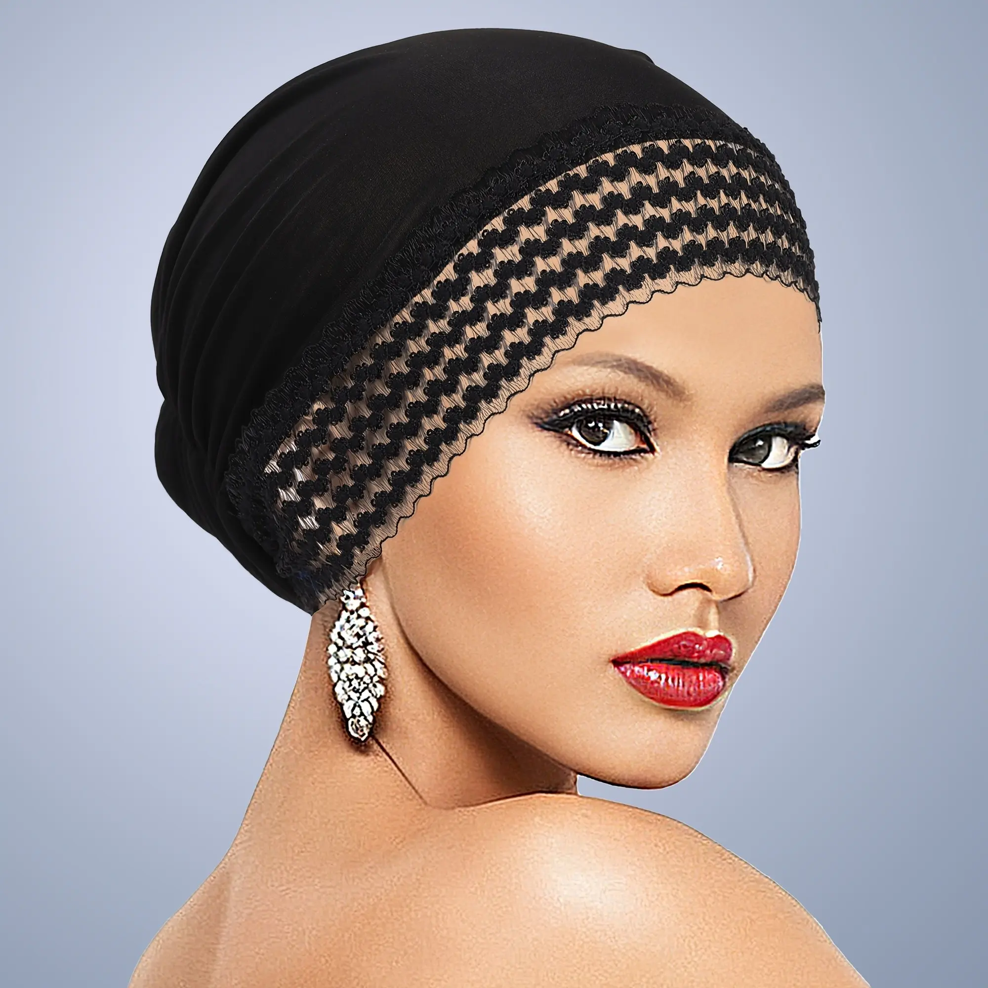 1PCS Women Lace Trim Sports Turban Cap, Elastic Inner Hijab, Hijab Undercap, Stretchy Hijab Cap for Yoga Cycling, Daily Sleep Head Wrap, All Seasons, Hand Wash & Dry Clean