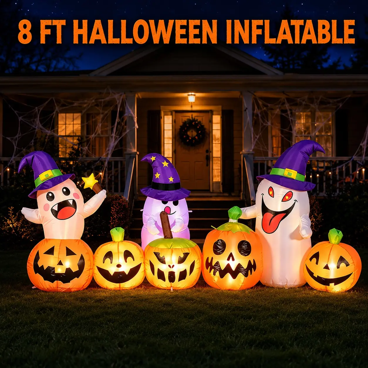 Halloween 2.4m Inflatable Ghost Pumpkin Set with Wizard Hat, LED Lighting, Outdoor Party Decor, Durable and Easy to Store, Party Decorations