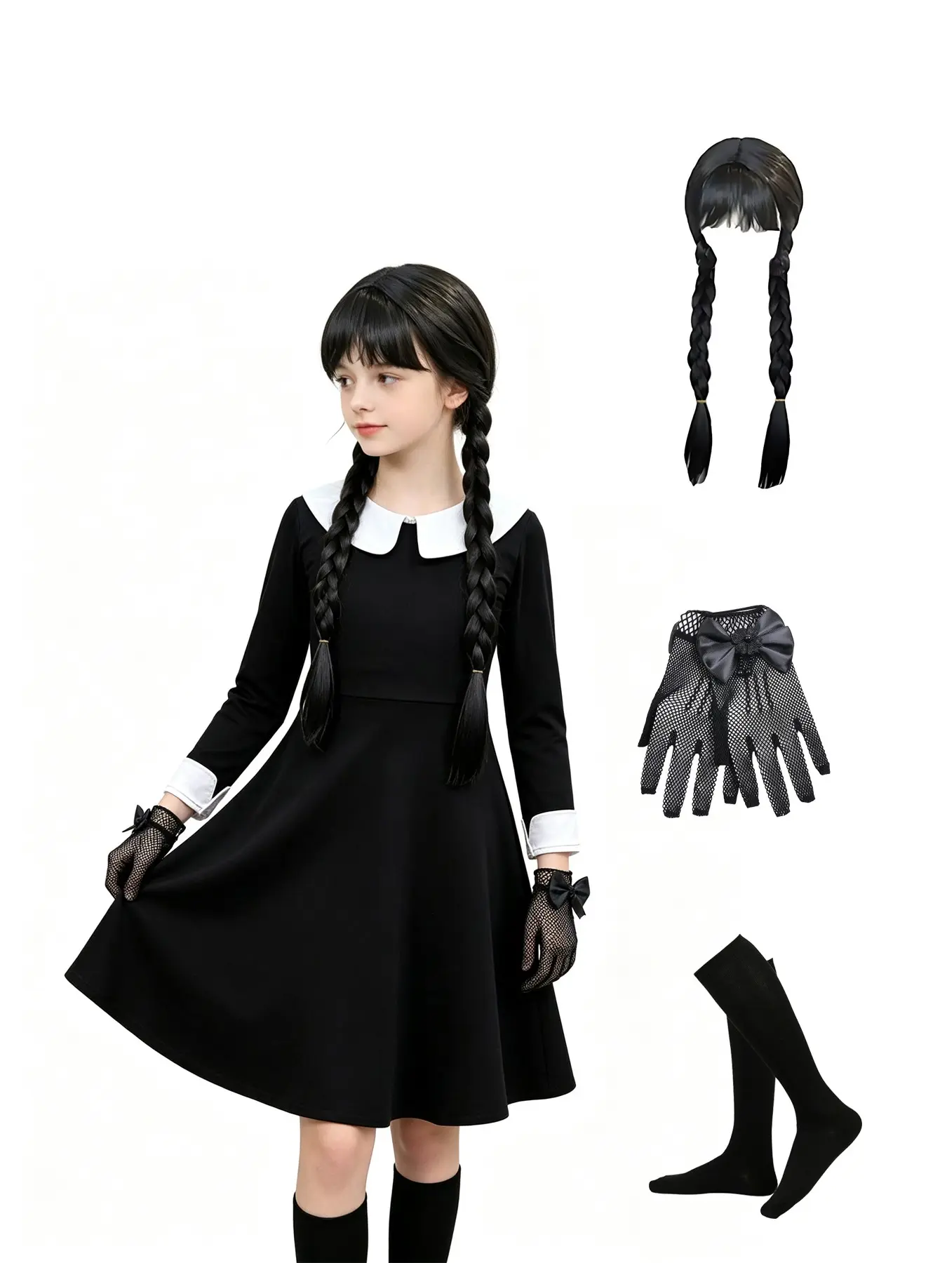 Girls' Gothic Style Long Sleeve Dress Set Outfit, Halloween Costume, Escape Room Actor, Includes Socks Gloves Wig, Ages 3-13