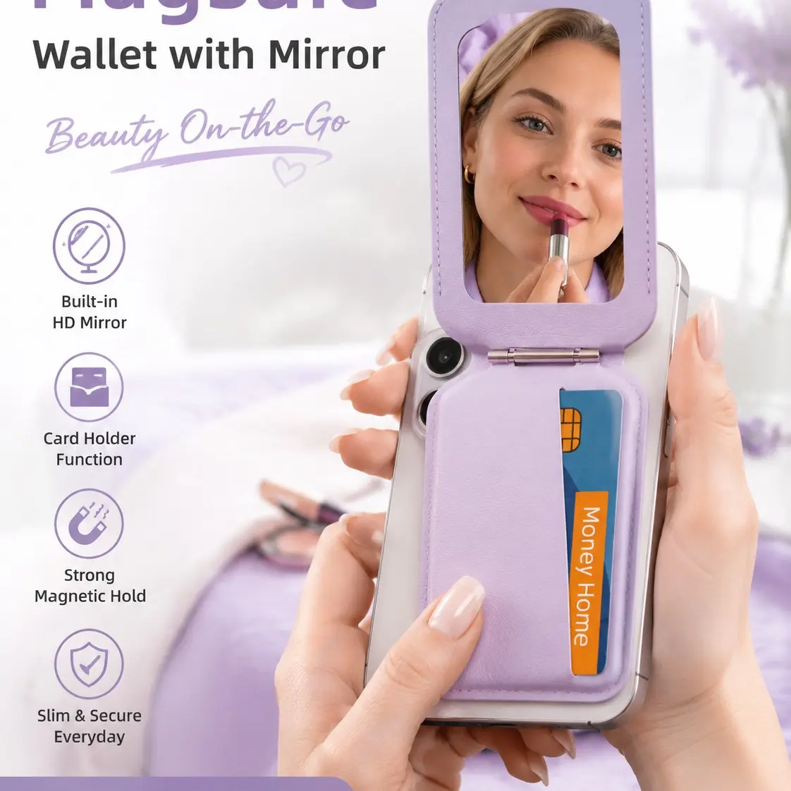 Magnetic Magsafe Wallet, Double Flap Stand Card Holder, 4 Slots with Front NFC Pass-Through, Adjustable Phone Attachment for iPhone 17/16/15/14/13/12, Travel Accessory, Phone Accessories